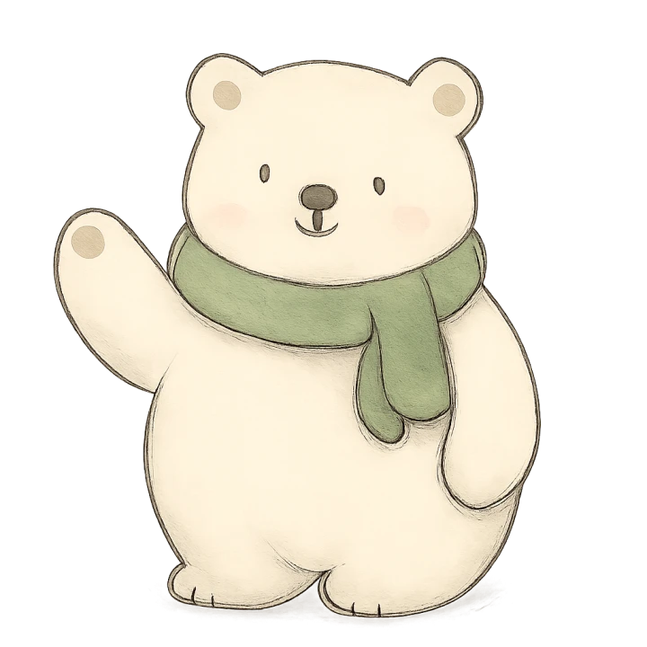 Bramble, a watercolor polar bear in a sage scarf, waving.