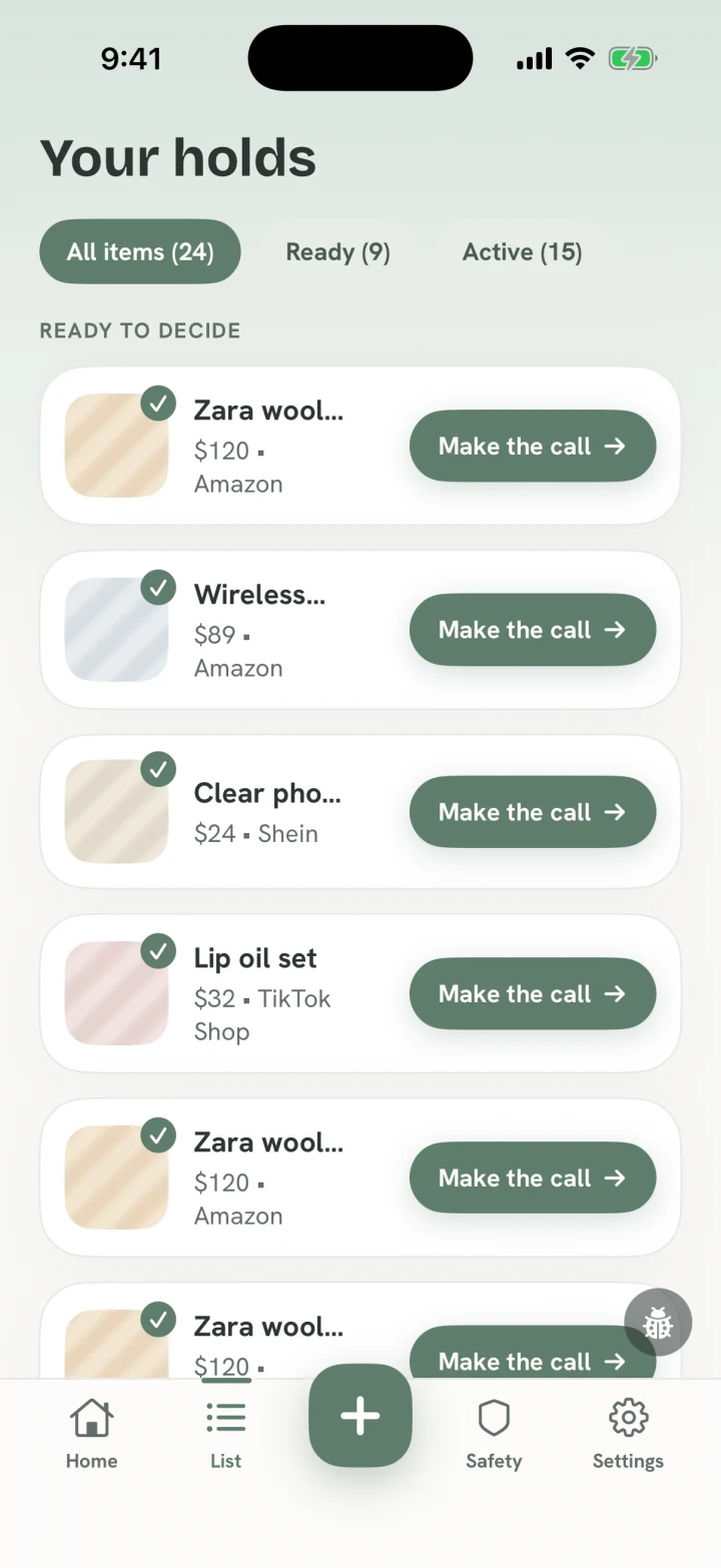 Hold Off Sleep-On-It list showing which saved items are ready to decide and which are still cooling off.