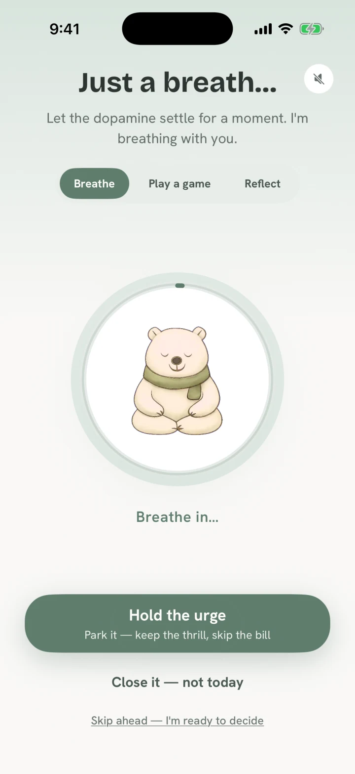 Hold Off breathing screen with Bramble inside a calm breathing ring.