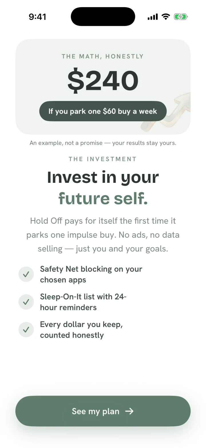 Hold Off pricing screen showing weekly, yearly with a 14-day trial, and lifetime choices.