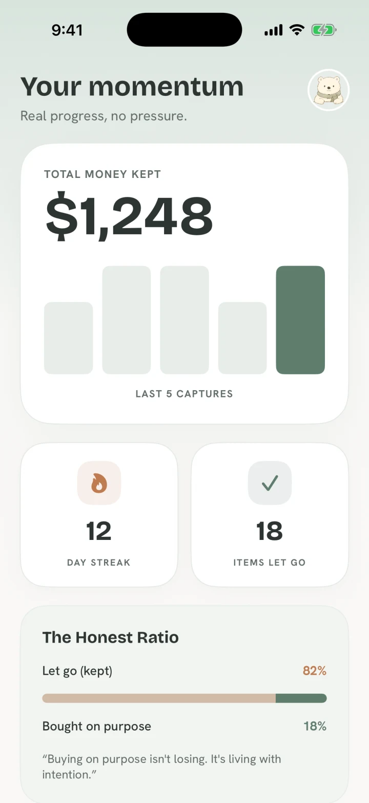 Hold Off momentum screen with money kept, recent wins, and a clear distinction between items let go and items bought on purpose.
